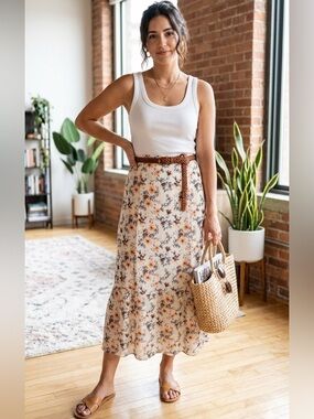 Free People Cream Wrap Midi Skirt with Orange & Black Floral Print